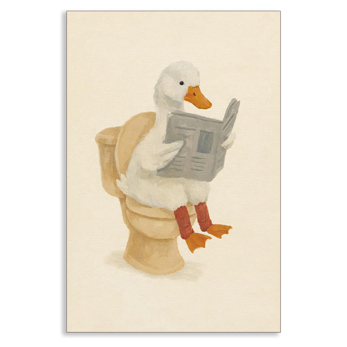 Fenbhjgy Duck Reading Newspaper On Toilet Poster, Quirky Animal Bathroom Canvas Wall Art, Farmhouse Silly Goose Picture Restroom Wall Decor, Whimsical Pastel Beige Kids Bathroom Print 12X16in Unframed