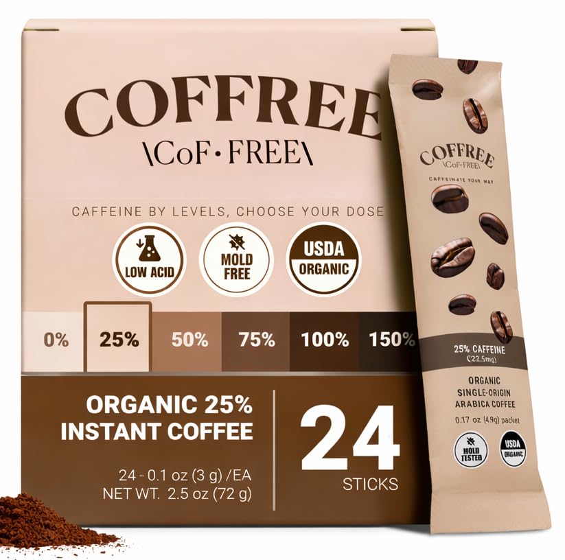 COFFREE Organic Instant Coffee Packets - Mold Free, Low Acid, Single-Origin Arabica - Low Caffeine Individual Single Serve Coffee Sticks - Travel, Camping - Light Roast - 25% Caffeine - 24 Count