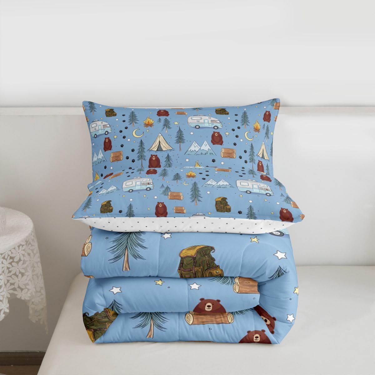Homewish Cartoon Tents Camp Camper Comforter Set Full Size,Camping Picnic Bedding Sets 3Pcs for Kids Girls Boys Youth Room Decor,Woodland Bear Duvet Insert Snow Mountain Down Comforter,2 Pillowcases