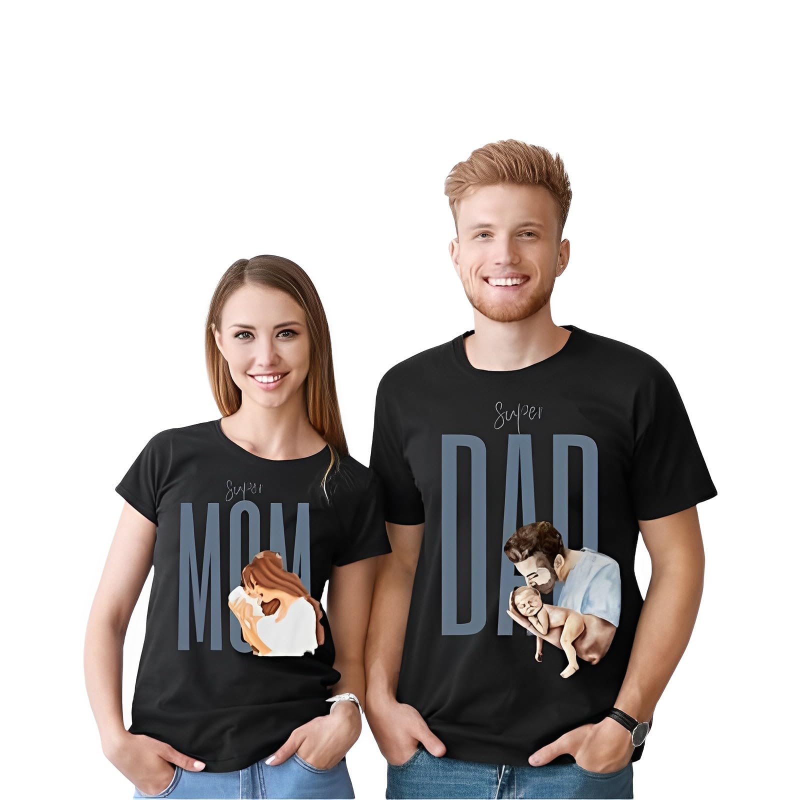 LezoirSuper Mom Dad Design 41 Printed 100% Biowash Cotton Black Unisex Couple T-Shirt