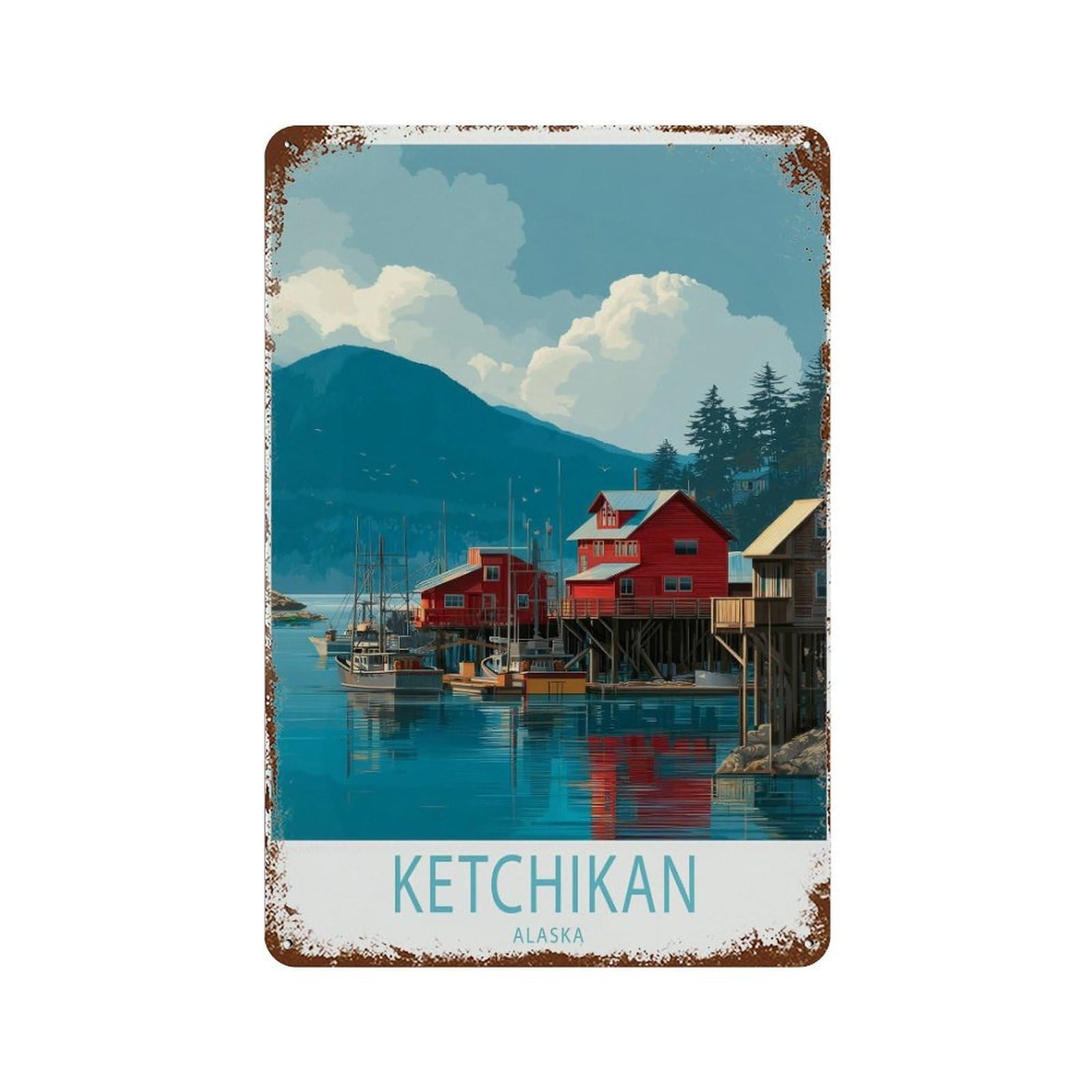 xiaoxiaoshen Ketchikan Alaska Harbor Scene, Illustrated Coastal Northern (2) Wall Decor Art Metal Tin Poster Modern Home Decor Art Home Bar Shop Decorations Vintage Sign 30x20cm
