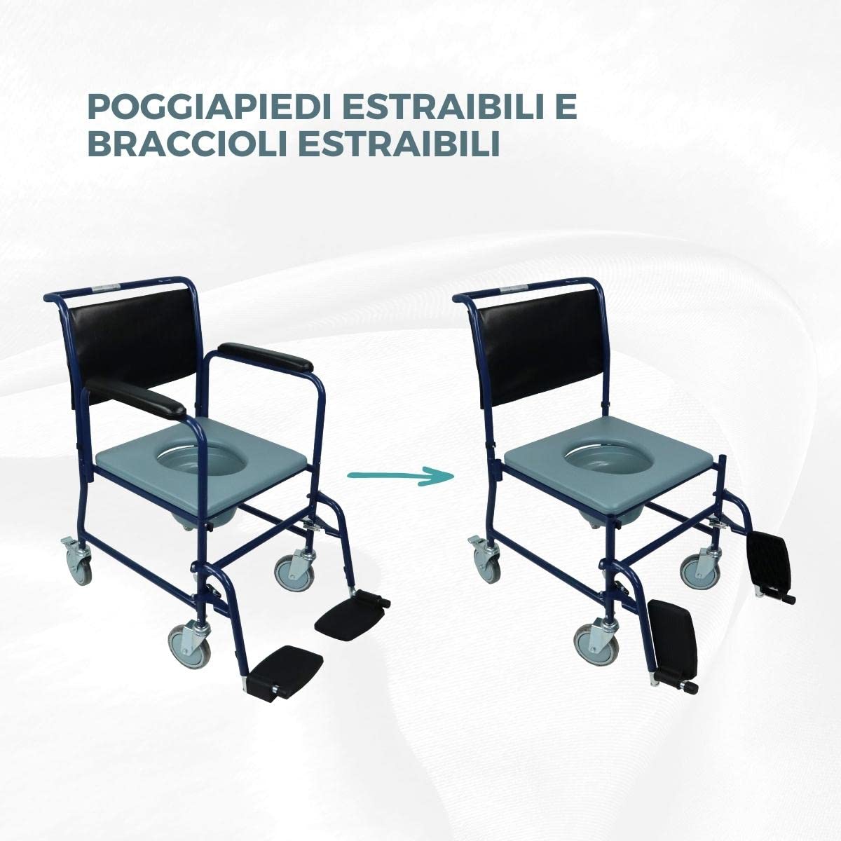 Mobiclinic, Sedia da toilette per anziani, Barco, Con rotelle, Disabili e, Braccioli pieghevoli, Seduta ergonomica, Poggiapiedi antiscivolo, Colore blu