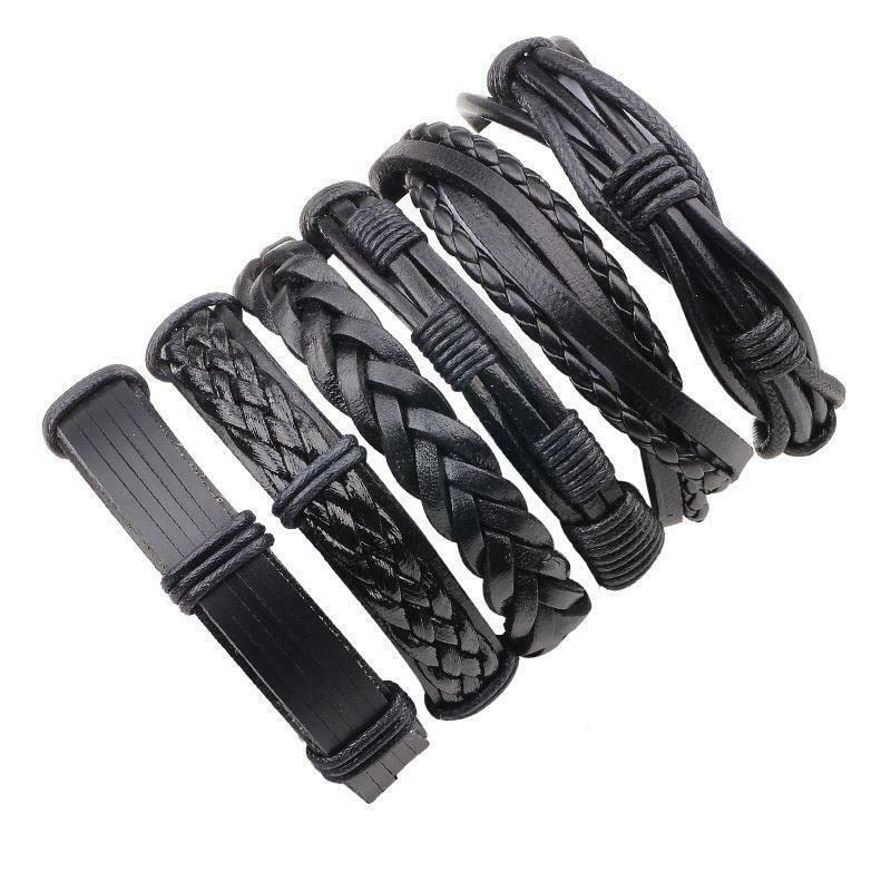 Image of PU Leather Multilayer Black Handcrafted Stylish Unisex Bracelet(set of 6)