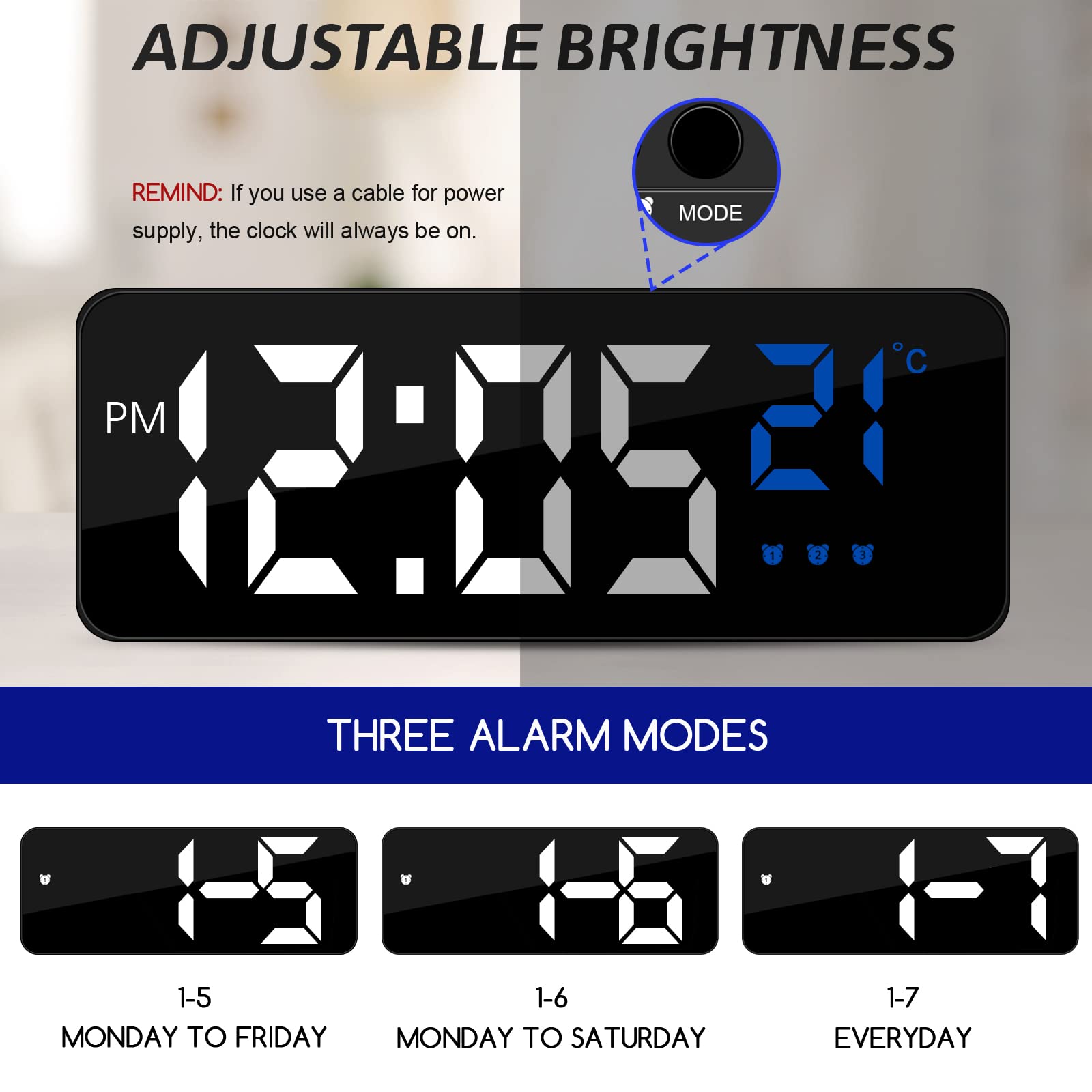 Jsdoin - Sveglia digitale, grande display a LED, con visualizzazione della temperatura, orologio da comodino USB/batteria con 3 sveglie modello Snooze, 12/24 ore, oscuramento automatico di notte,