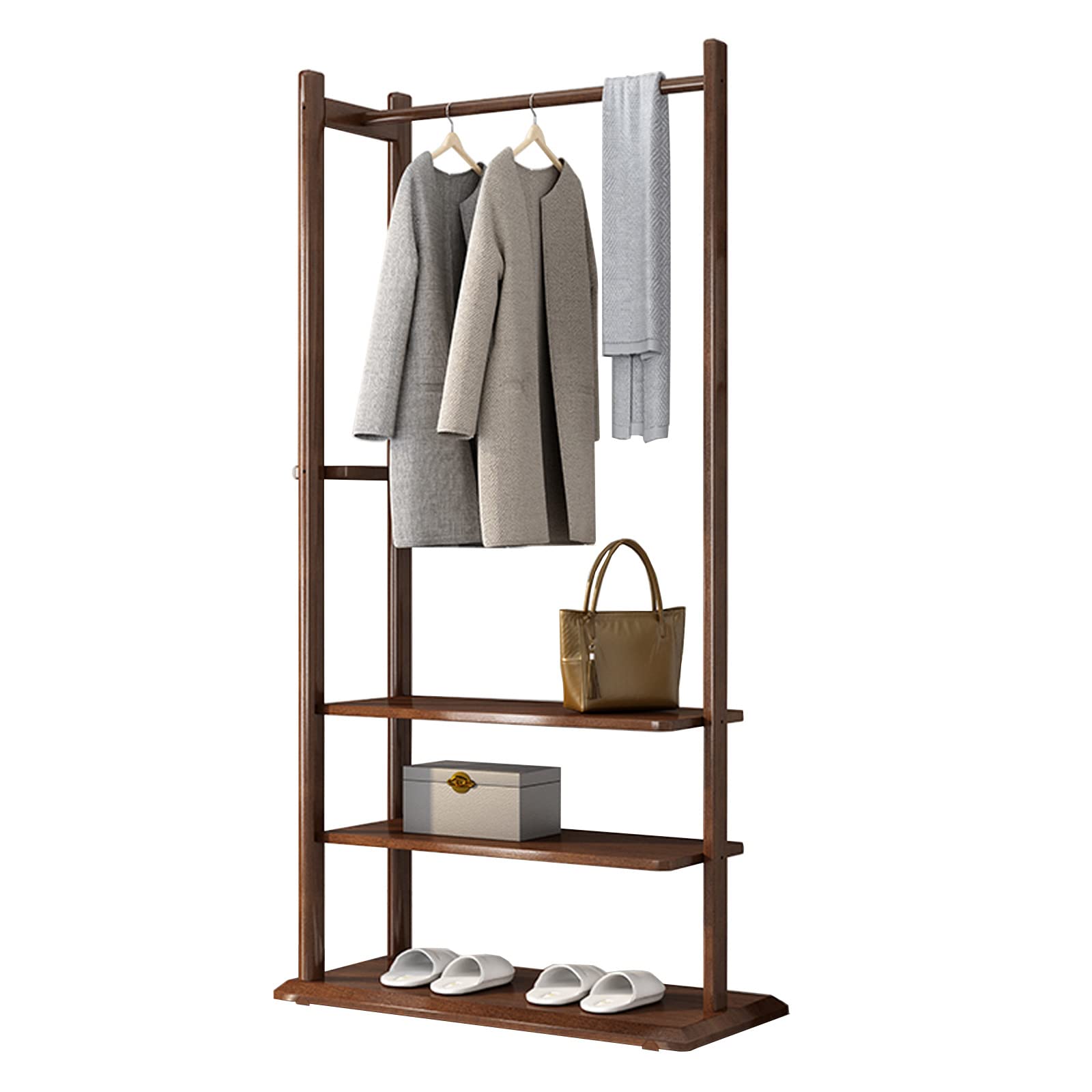 FUCHEN Coat Rack Stand,Freestanding Walnut wood Hanger,with 3-layer storage shelf,for Store Boxes Shoes Boots65/85 * 35 * 168 cm