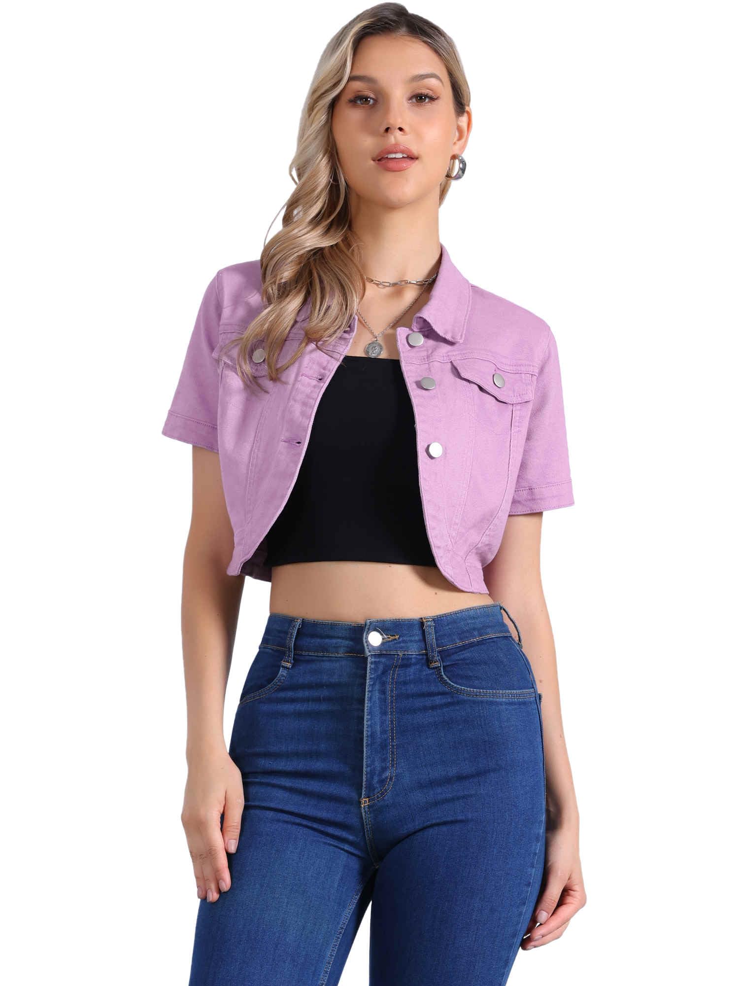 Allegra K Damen Jeansjacke Leichte Übergangsjacke Revers Kurzarm Bauchfreie Denim Jacke