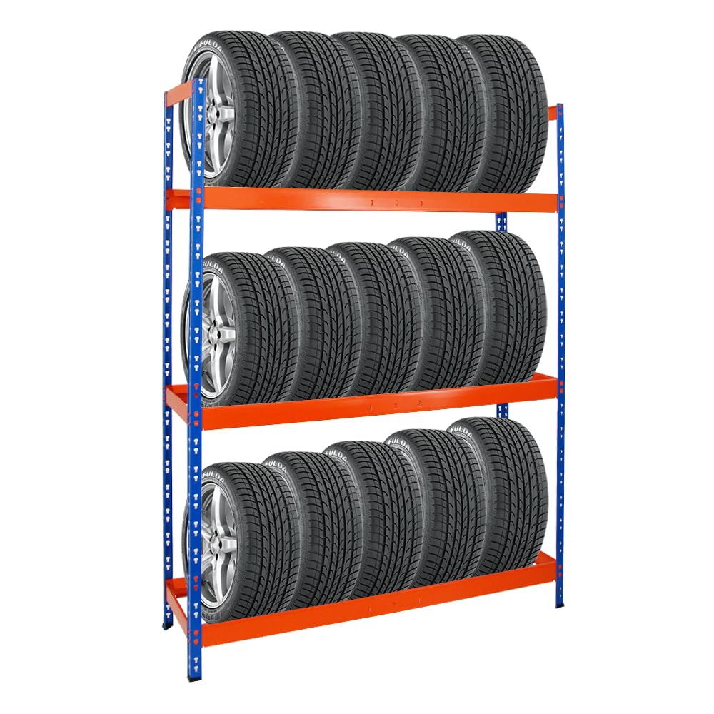 PROREGAL Reifenregal Tiger XL | HxBxT 200x150x45 cm | 300kg Fachlast | bis zu 18 Reifen (205/55 R16) | Blau/Orange | Werkstattregal, Lagerregal, Kellerregal