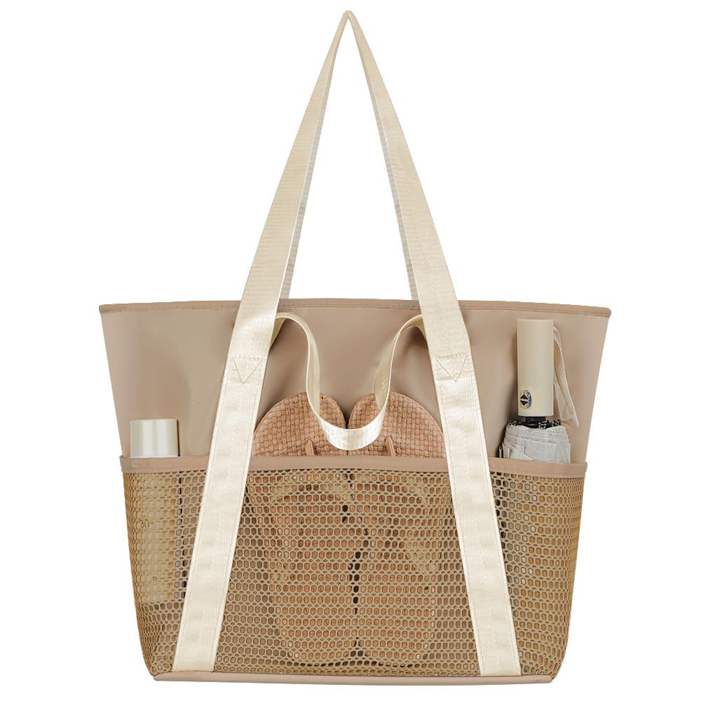 Waterproof Sandproof Beach Bag with Zipper and 6 Pockets - Foldable Lightweight Tote for Pool, Travel