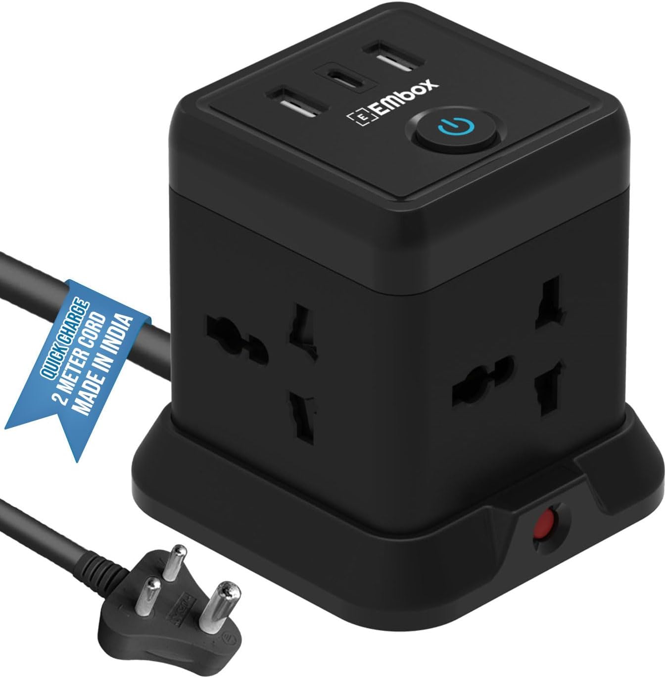 EMBOX Cube Extension Board with USB Type C QC 3.0| 2500W Heavy Duty Extension Board with Switches| Extension Cord Universal Sockets Safety Shutter Overload Protector