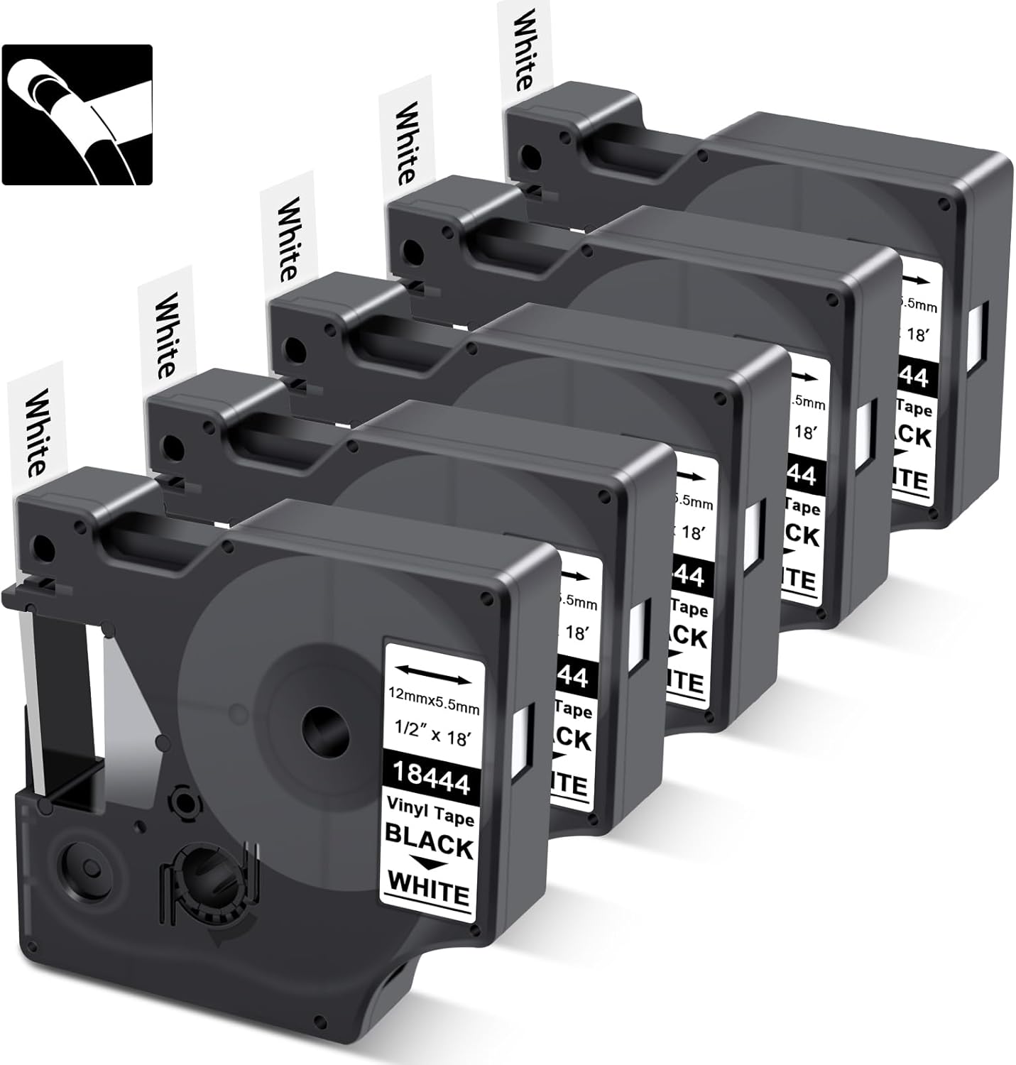 18444 White Tape Compatible with Dymo Rhino A18444 Industrial Permanent Vinyl 12mm 0.47'', Black on White Work for 4200 5000 5200 6000 3000 Label Maker Tape Refills, 5 Pack