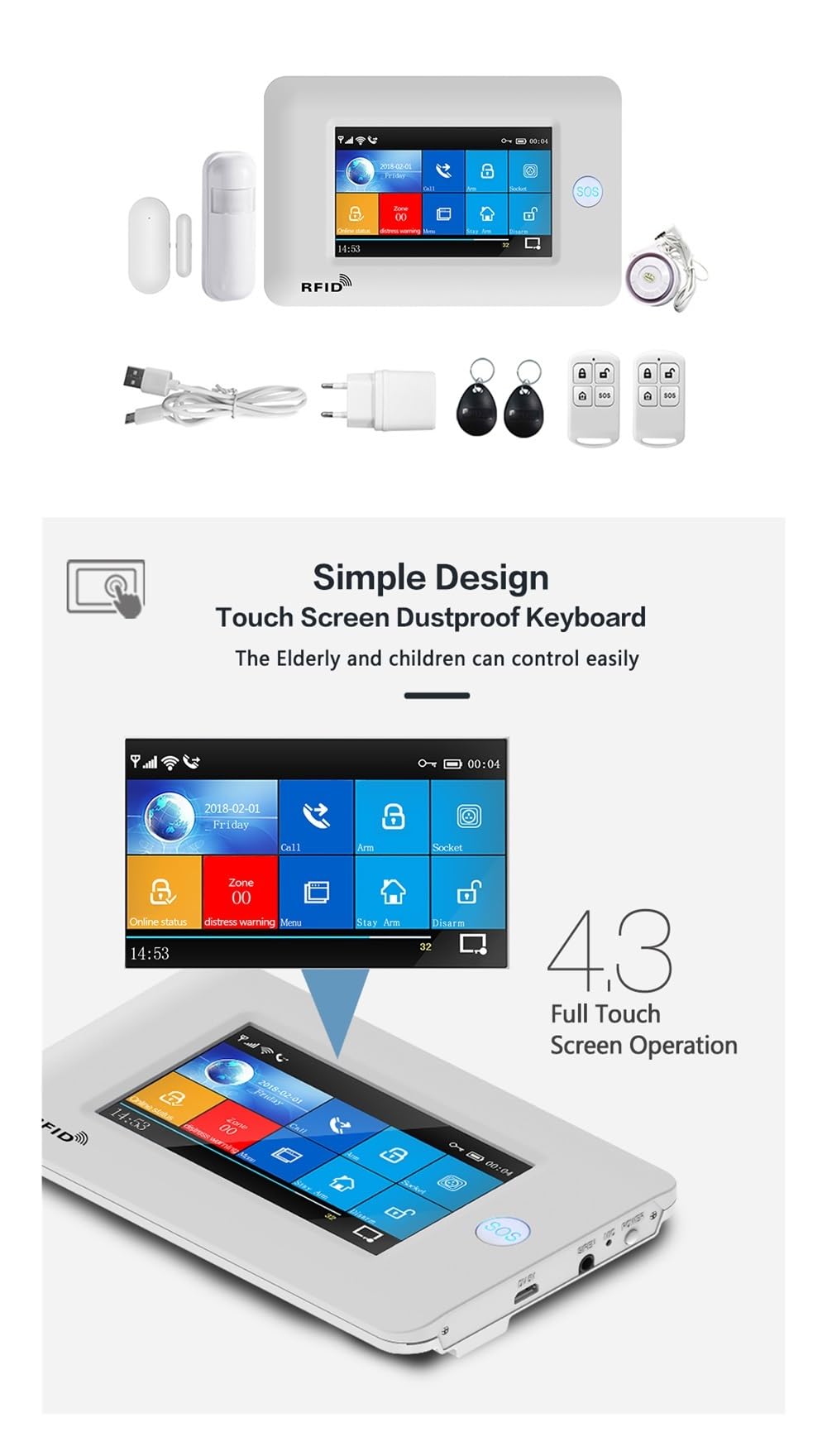 4.3 pollici Touch Panel WIFI GSM Wireless Home di allarme antifurto Kit sicurezza APP compatibile Sistema Di Allarme Completo(Set-C1)