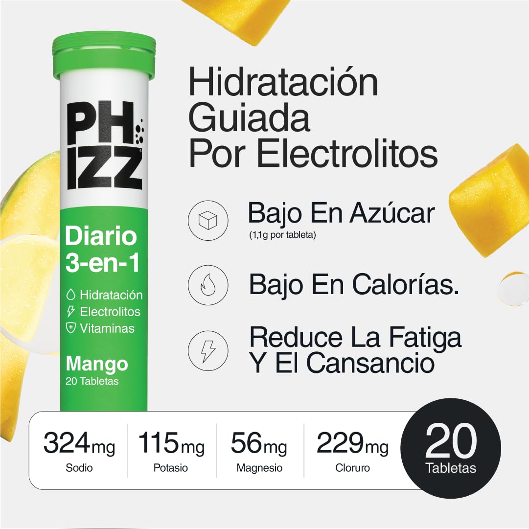 Phizz Electrolitos, Multivitaminas e Hidratación Efervescente Comprimidos - 18 Vitaminas y Minerales, Vitamina C, Añade a tu Botella de Agua y Bajo en Calorías (60 Pastilla, Mango)