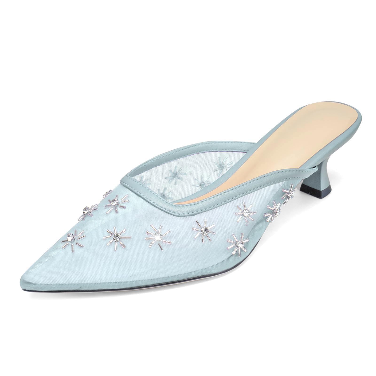 XUNHGAXE Women's Pointed Toe Mesh Mule Slip-On Kitten Heels - Rhinestone/Flower Embellished, Multiple Colors (Apricot/Black/Light Blue/Tan/Red/White/