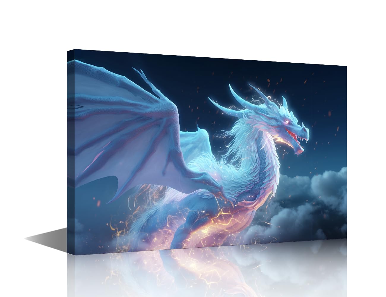1 Pieces White Dragon Bedroom Wall Decor Dragon Canvas Paintings Posters for Room Aesthetic Mythical Creatures House Decorations Giclee Wooden Framed Gallery-Wrapped Ready to Hang (16"Wx24"H)