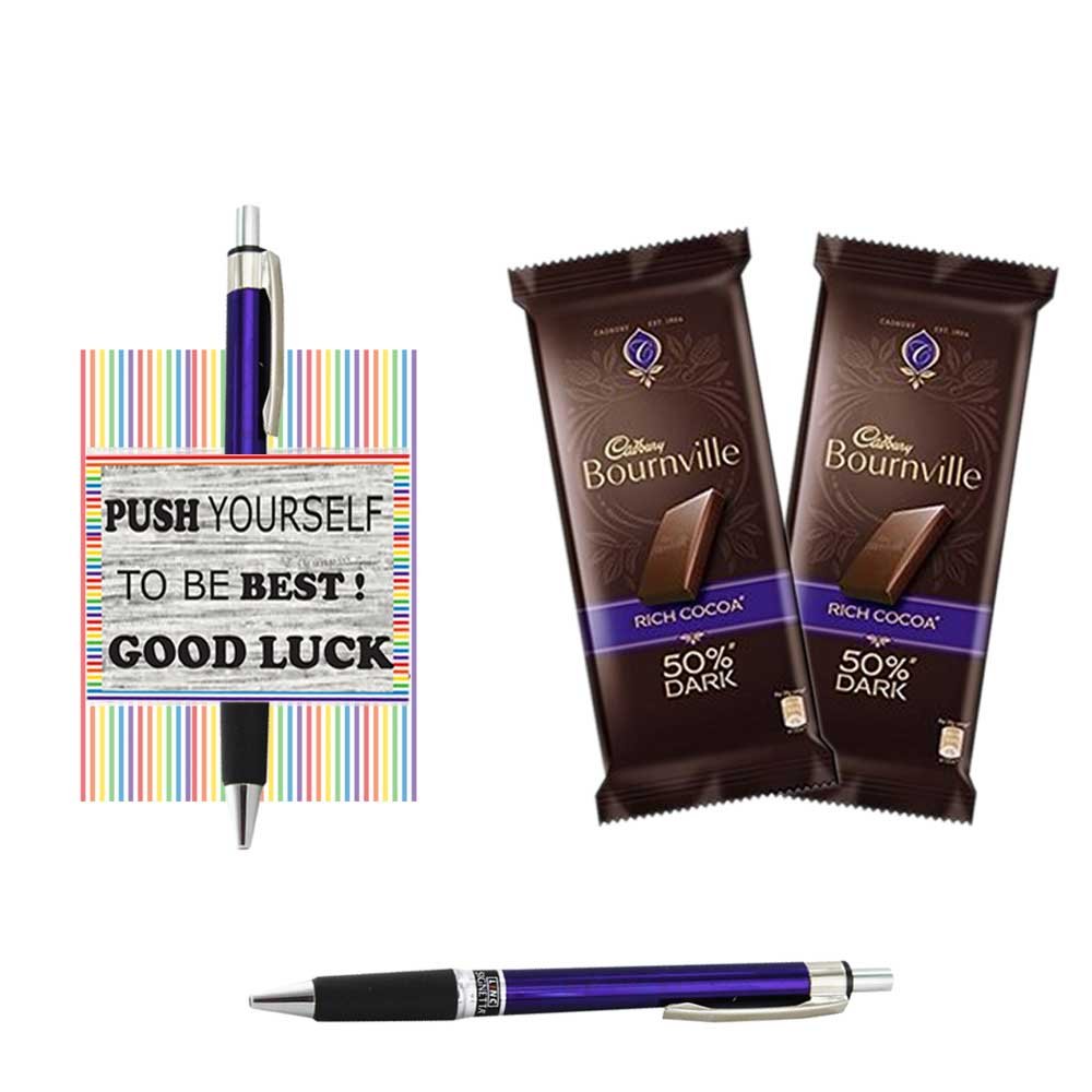 Maalpani Exam Gift Hamper, Set of 2 Cadbury Bournville, Set of 2 Pen, Small Greeting Card Good Luck