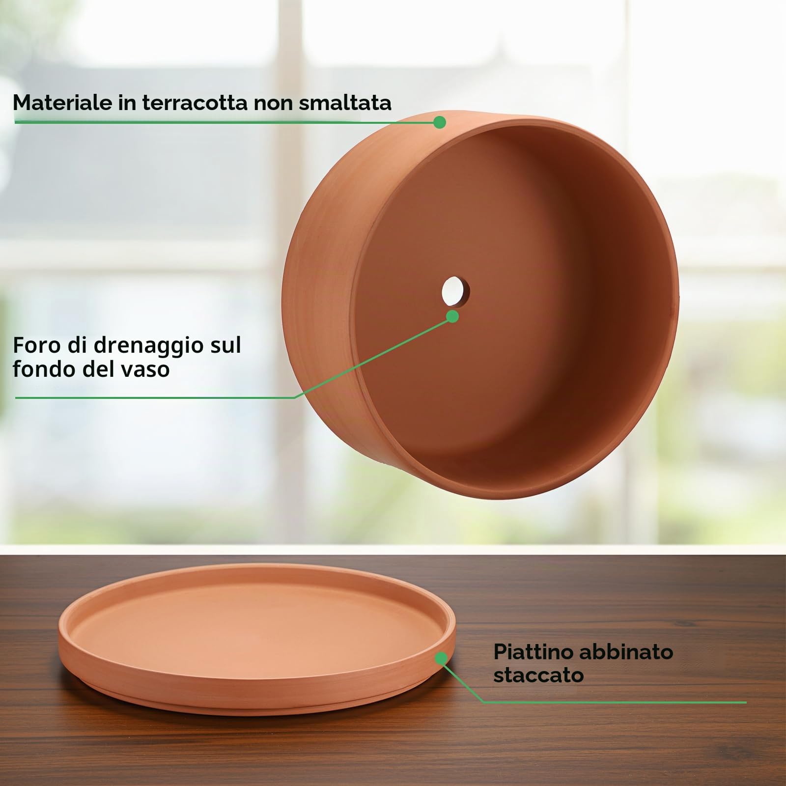 SUMTree Vasi per piante in terracotta, diametro 25,4 cm, vaso poco profondo per piante da interno ed esterno, vaso rotondo per piante grasse con foro di drenaggio, vaso in argilla per bonsai, fioriera