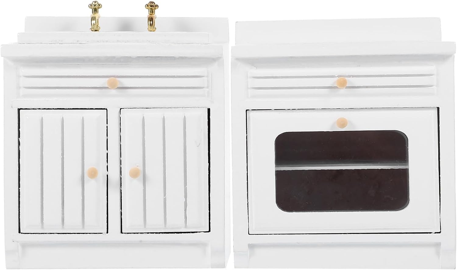 A white miniature farmhouse-style apron-front sink.