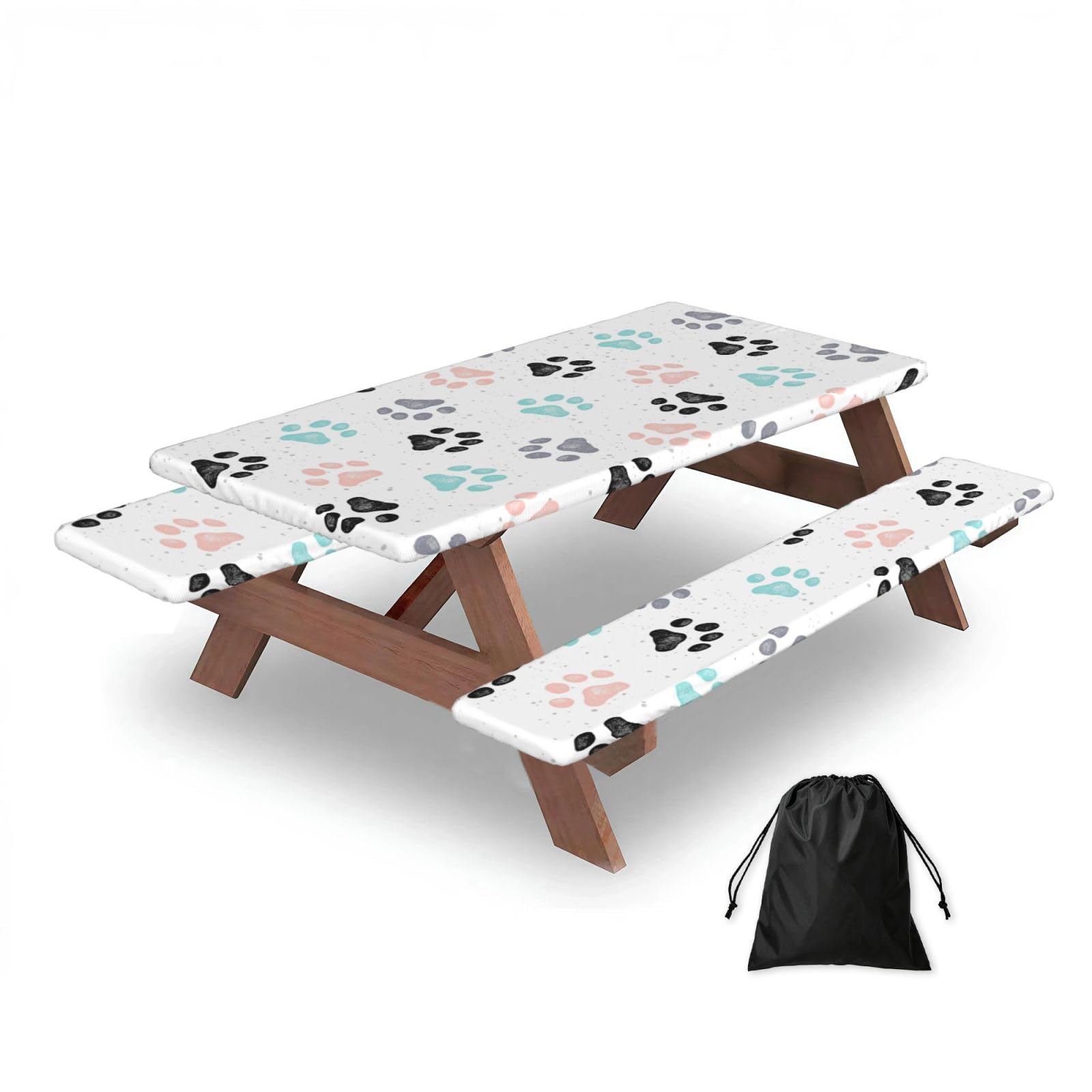 Dopklna As Picture Dog Paw Prints, Picnic Table Cover With Bench Covers -Waterproof Elastic Fitted Tablecloth For Garden Camping Patio 76X152cm