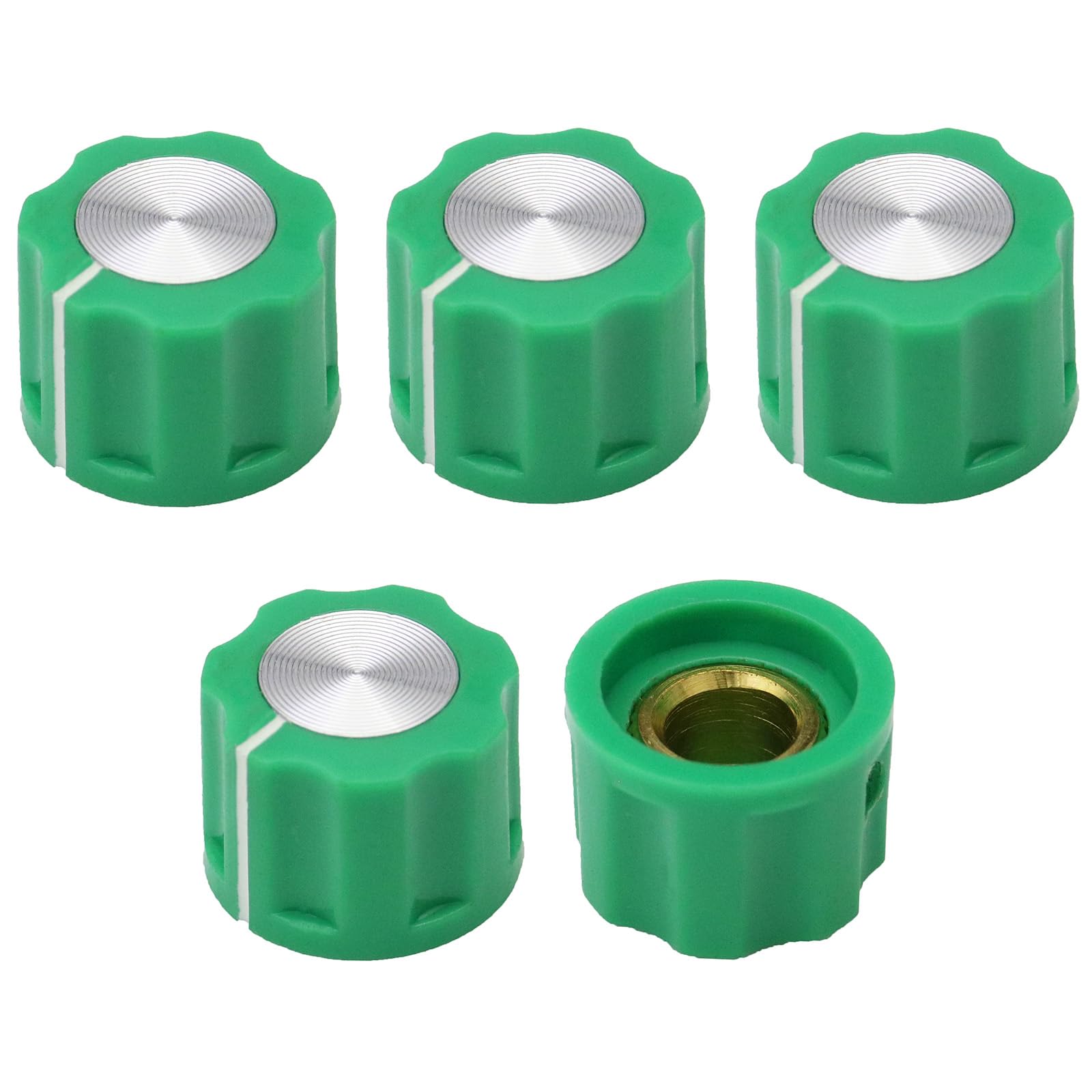 6.4mm Round Hole Small Fluted Silver Cap Retro Style Amplifier/Instrument Control Knob Pack of 5 (Green)