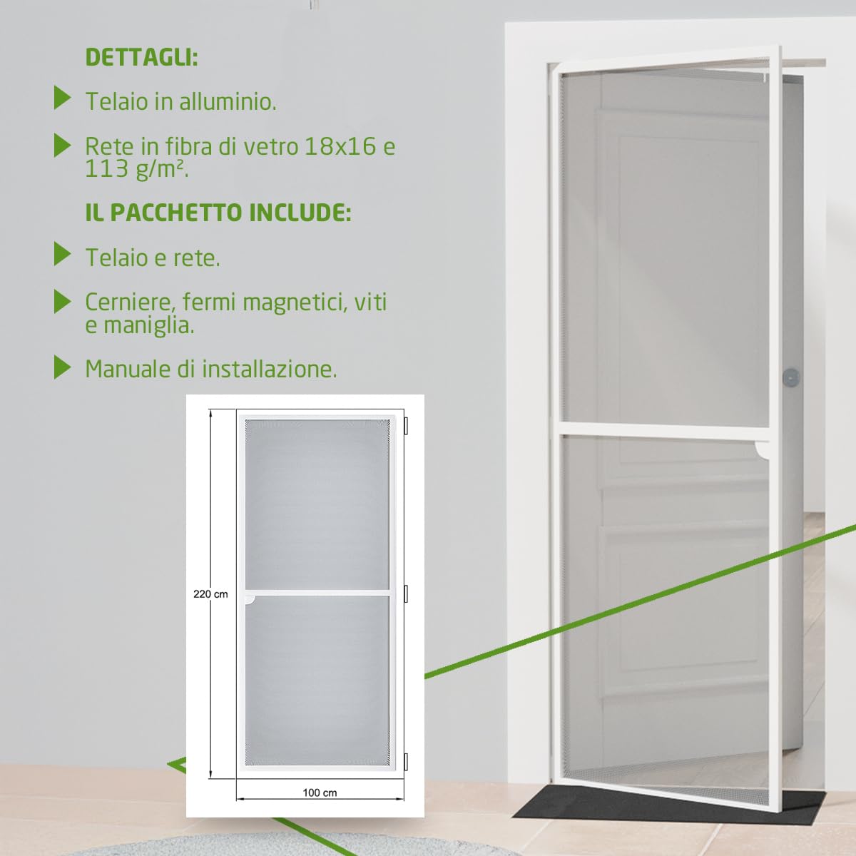 Amig - Zanzariera porta - Zanzariera regolabile con kit completo - Protezione efficace contro insetti - 100 x 220 cm - Alluminio/Fibra di vetro - Bianco/Grigio