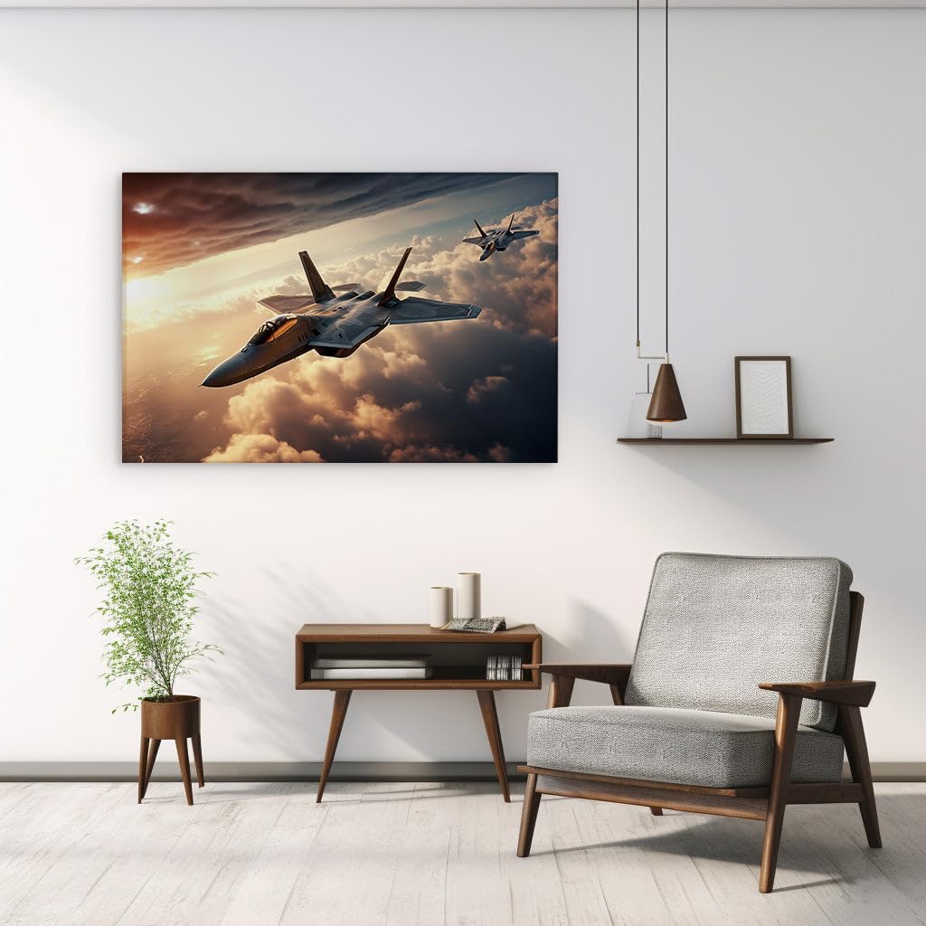 Canvas for Living room. Sunset Skies: When Fighter Jets Dance with the Clouds, 27 x 18 inch Canvas Wall Art - Ready to Hang