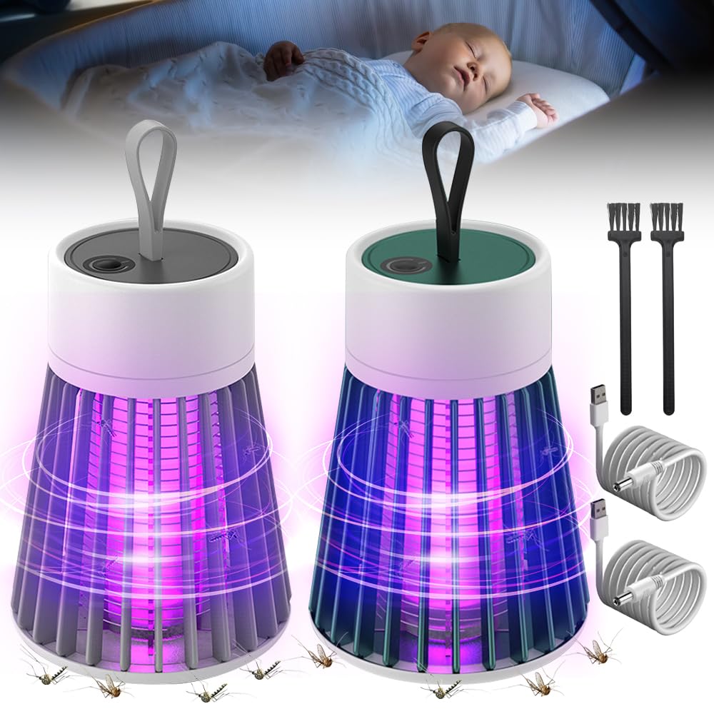 Lampe Anti Moustique, 2 Pcs Lampe Anti Moustique Rechargeable, UV Electrique Moustiques, Appareil Anti Moustique Solaire & Rechargeable par USB, pour Camping Intérieur Extérieur (Grün + Weiß)