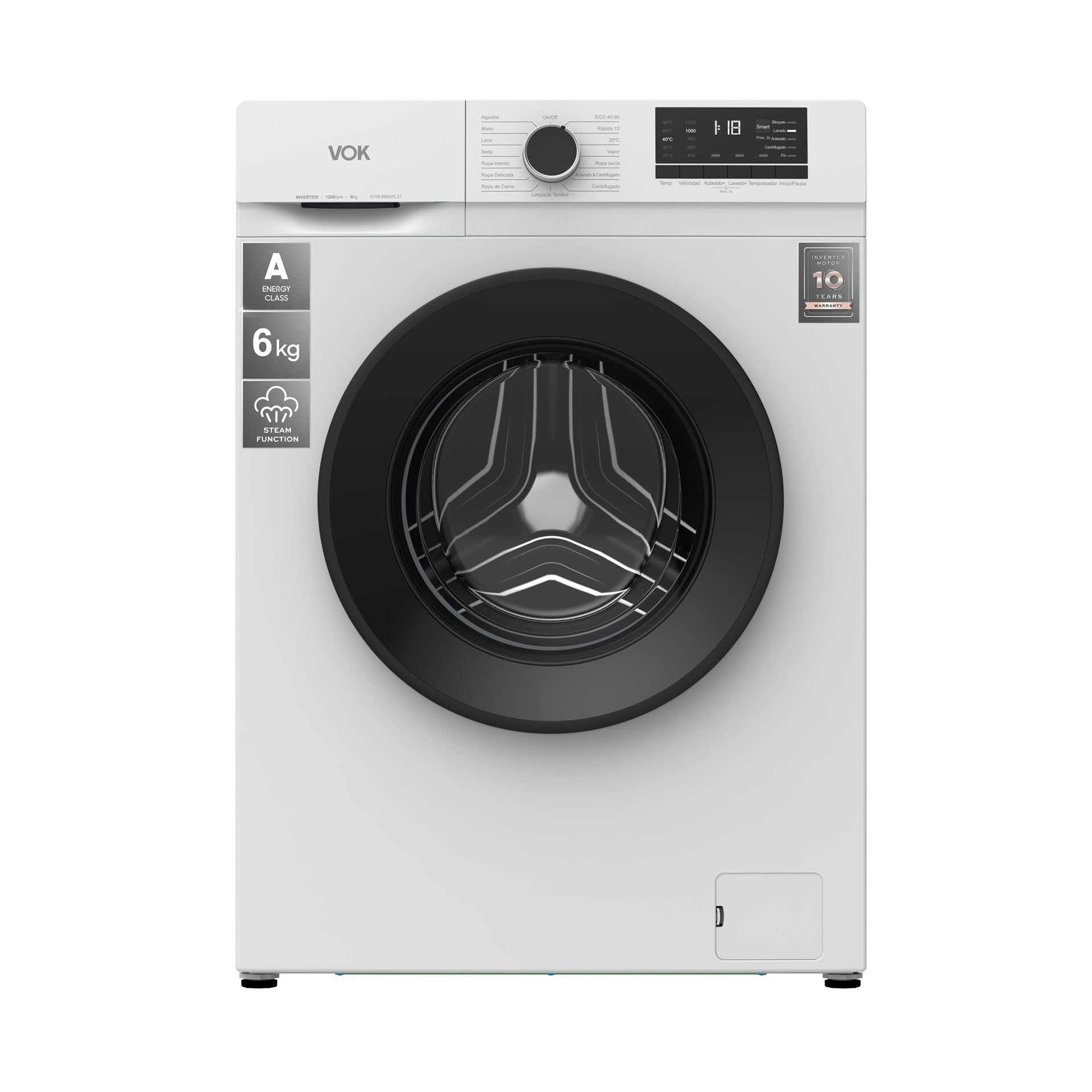 VOK Lavadora 6kg Carga Frontal Blanco EVW-6BAWL21-1200 RPM - Motor Inverter - Clase A - Función Vapor - 15 Programas - Agregado Prendas - Inicio Diferido