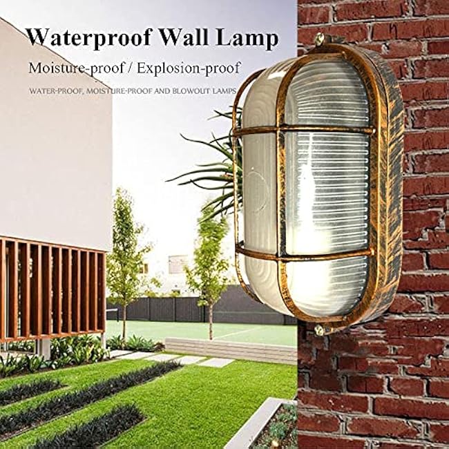 RTNLIT Nautical Bulkhead Light Fixture Antique Copper Outdoor Wall Light Fixture Grid Oval