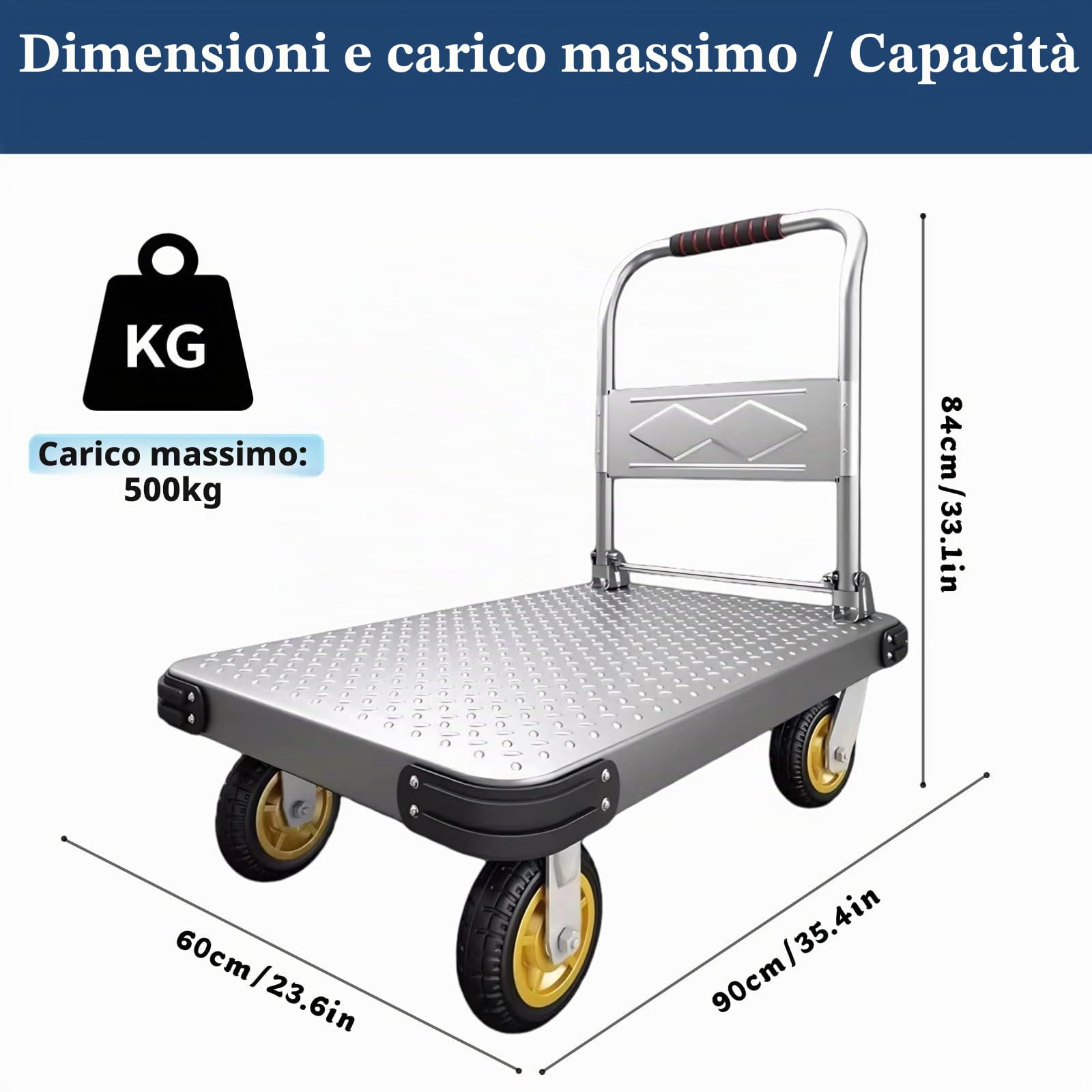 Carrello Piattaforma Porta Carichi Pesanti 500 kg, Carrellino a Mano in Acciaio Pieghevole, Pianale 90x60 cm, Carello Ruote Gommate per Trasporto e Stoccaggio