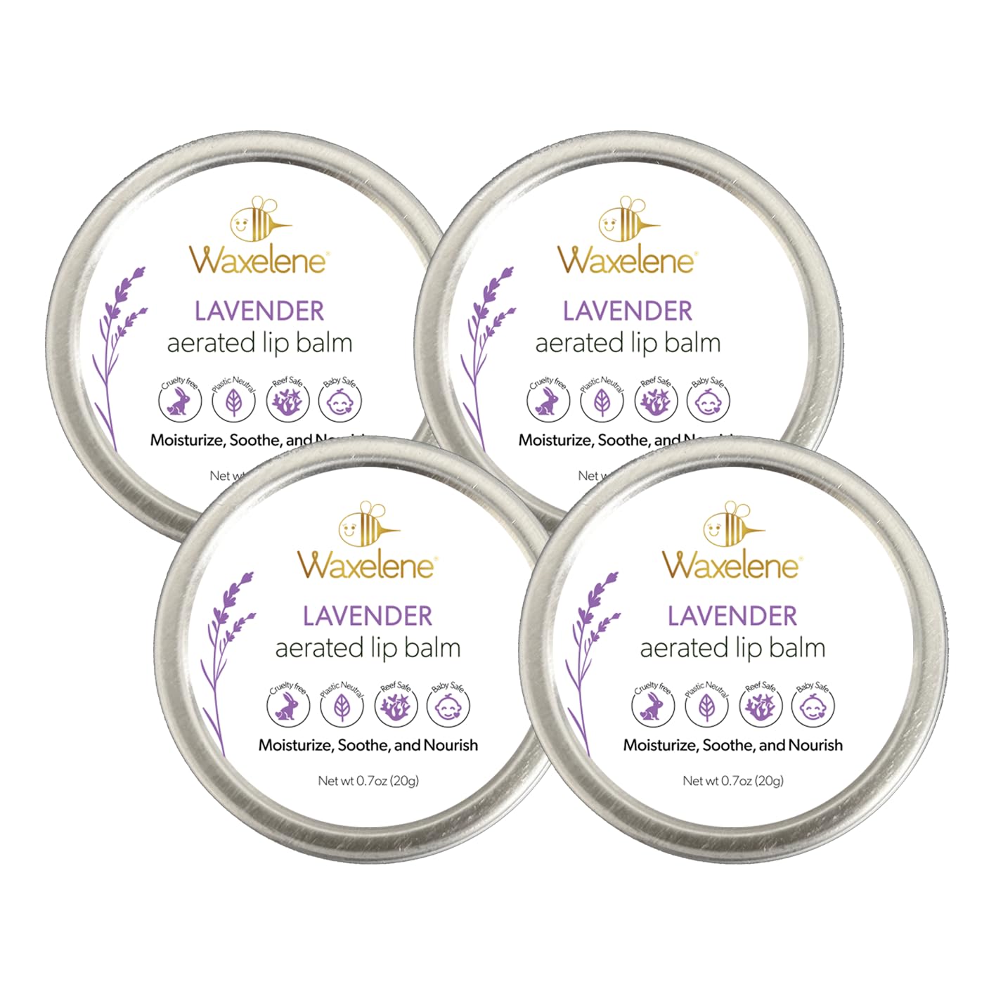WaxeleneLavender Aerated Lip Balm Tin 4 Piece, Best Lip Balm Ever Organic Calming Multipurpose Ointment Baby Eczema Dry Skin Face Moisturizer