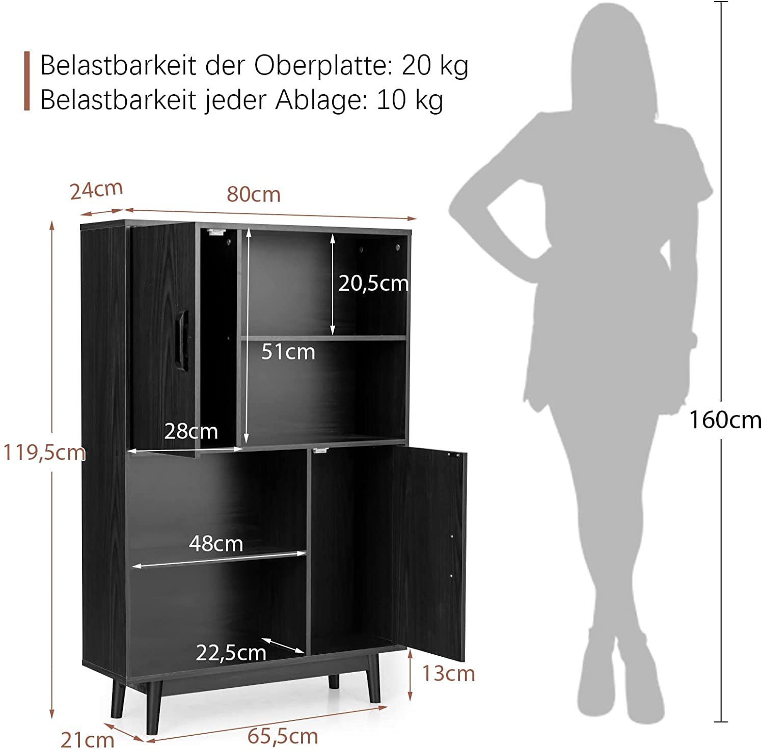 COSTWAY Bücherschrank mit 2 Türen und 4 offenen Regalen, Bücherregal Holz, Standregal, Holzregal, Aufbewahrungsregal für Wohnzimmer, Arbeitszimmer, Küche, 80 x 24 x 120 cm (Schwarz)