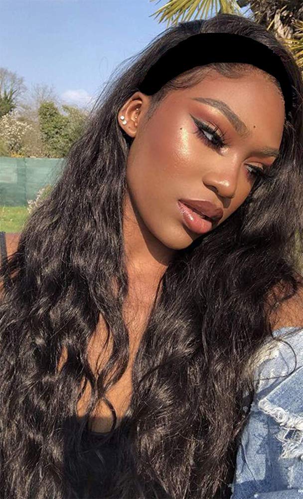 Riglamour Long Dark Brown Wavy Wig Headband Wig with Black Scarf Attached Natural Looking Synthetic Hair Head-Wrap Wig 2 in 1 with Hook and Loop Fastener 22 Inches #4 Color