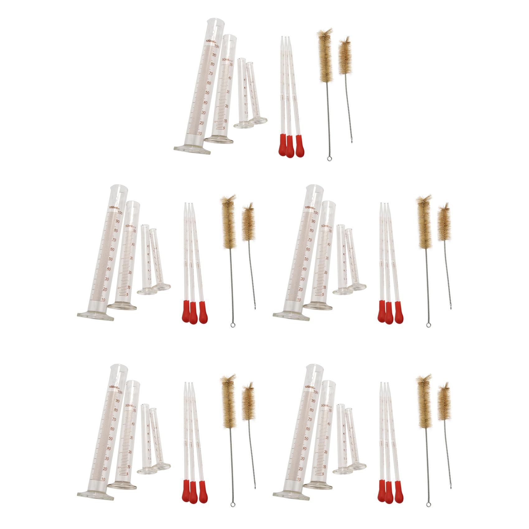 20 Cilindros de Medición - 5 Ml, 10 Ml, 50 Ml, 100 Ml - Vidrio Superior - Contiene 10 Cepillos de Limpieza + 15 Pipetas de Vidrio 1 Ml