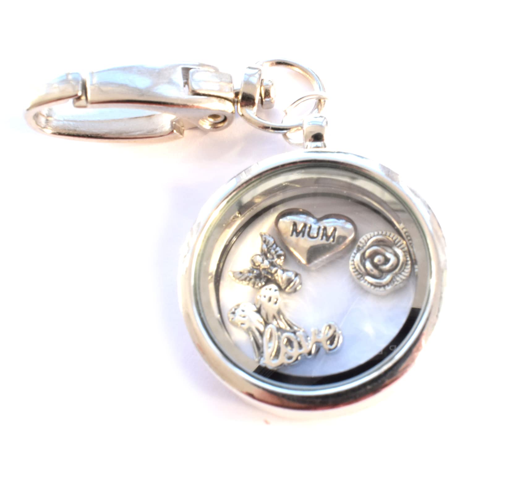 CharmedMemoriesMUM In Memory Keyring. Real White Feather Inside Floating Locket Key Chain, Round Silver Colour Handbag Charm, Trinket. Angel, Wing, Rose, Love Charms. Sympathy gift