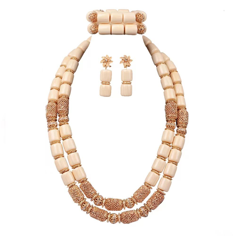 Africanbeads 2 Rows African Artificial Coral Necklace Wedding Gift African Beads Jewelry Set