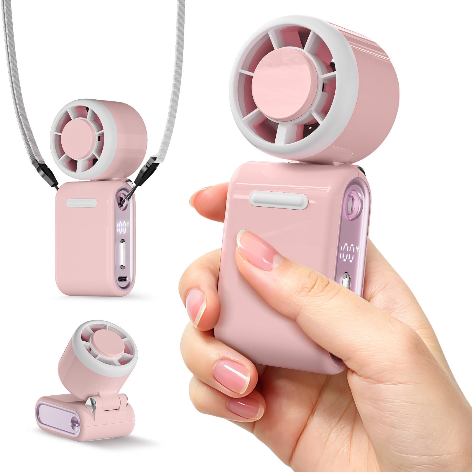 Mini Portable Handheld Turbo Fan, Travel Essentials, Gifts for Women | 0.2LB Lightweight, Purse Size Compact Personal Fan, 33FT/S High Speed, 12H Cooling, 40DB Quiet, 3-in-1 Foldable, Pink