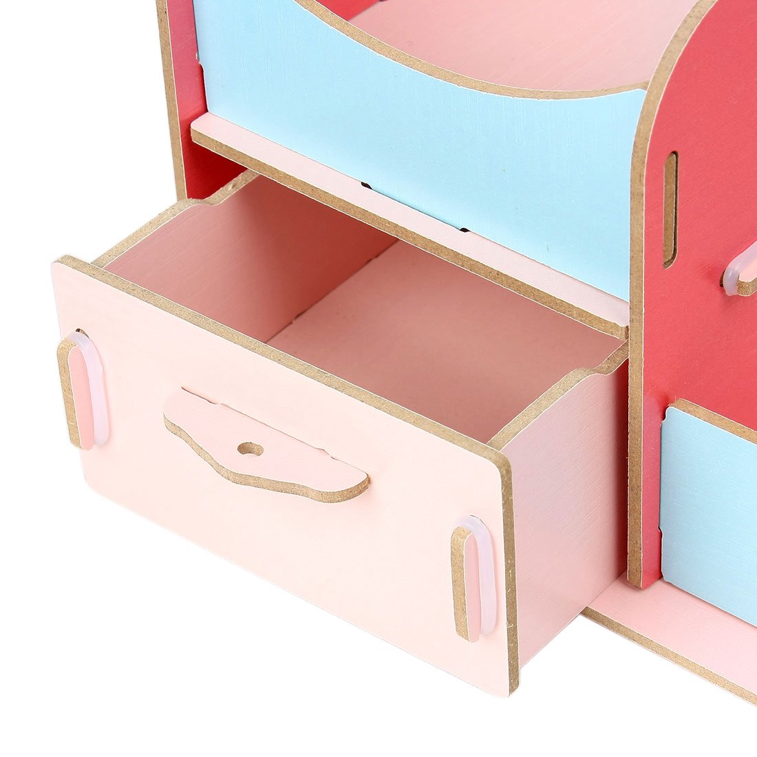 Drewniany organizer na biurko do makijażu różowe i niebieskie pudełko do przechowywania stylowa szuflada kosmetyczna idealna do domu i biura oszczędzający miejsce design niezbędne akcesoria do