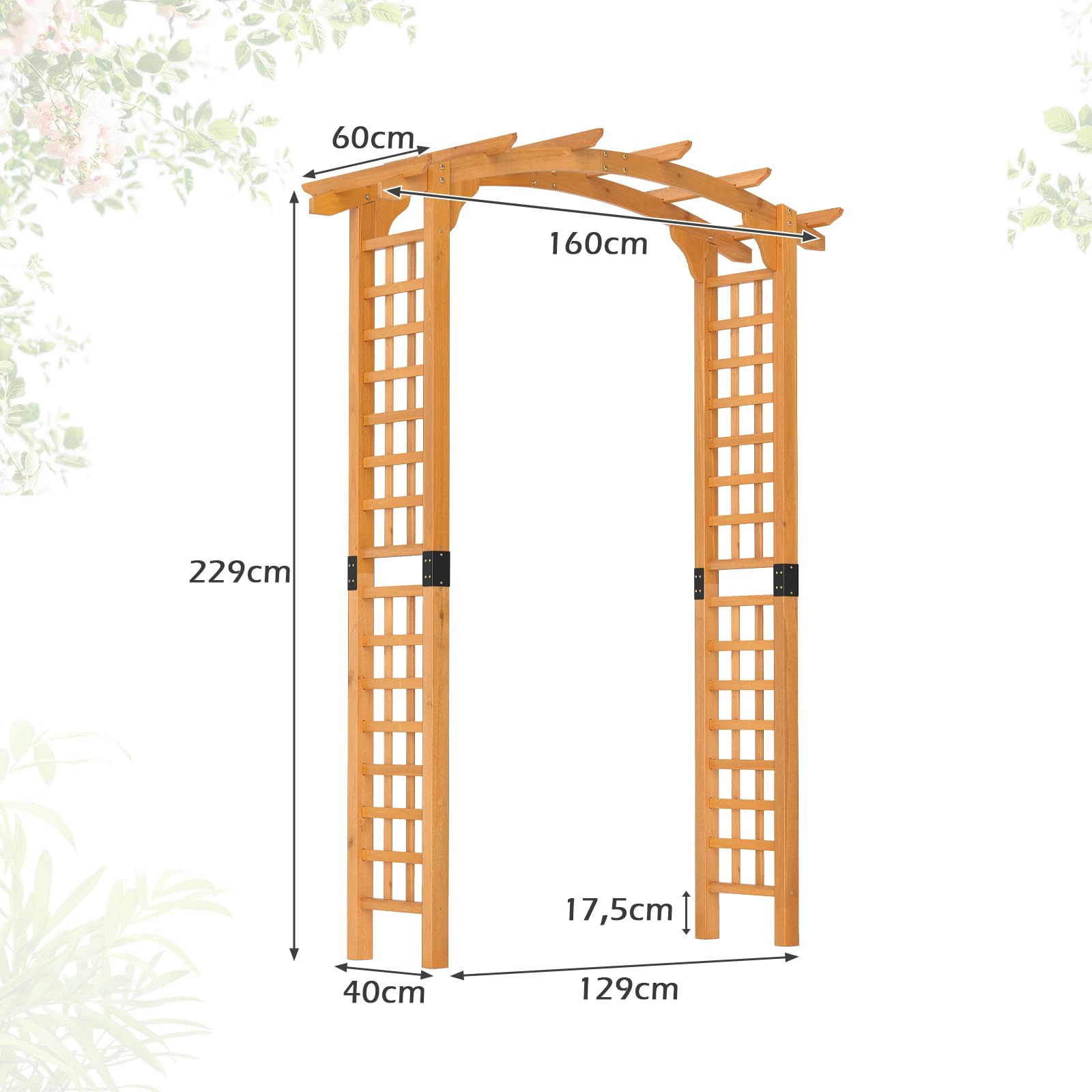 GOPLUS Rosenbogen Holz, Torbogen mit mit Spalieren & erweitertem Dach, Gartenbogen Pergola Rankhilfe für Kletterpflanzen, Hochzeitsbogen Rankbogen für Garten, Hochzeiten & Partys (160 x 60 x 229 cm)