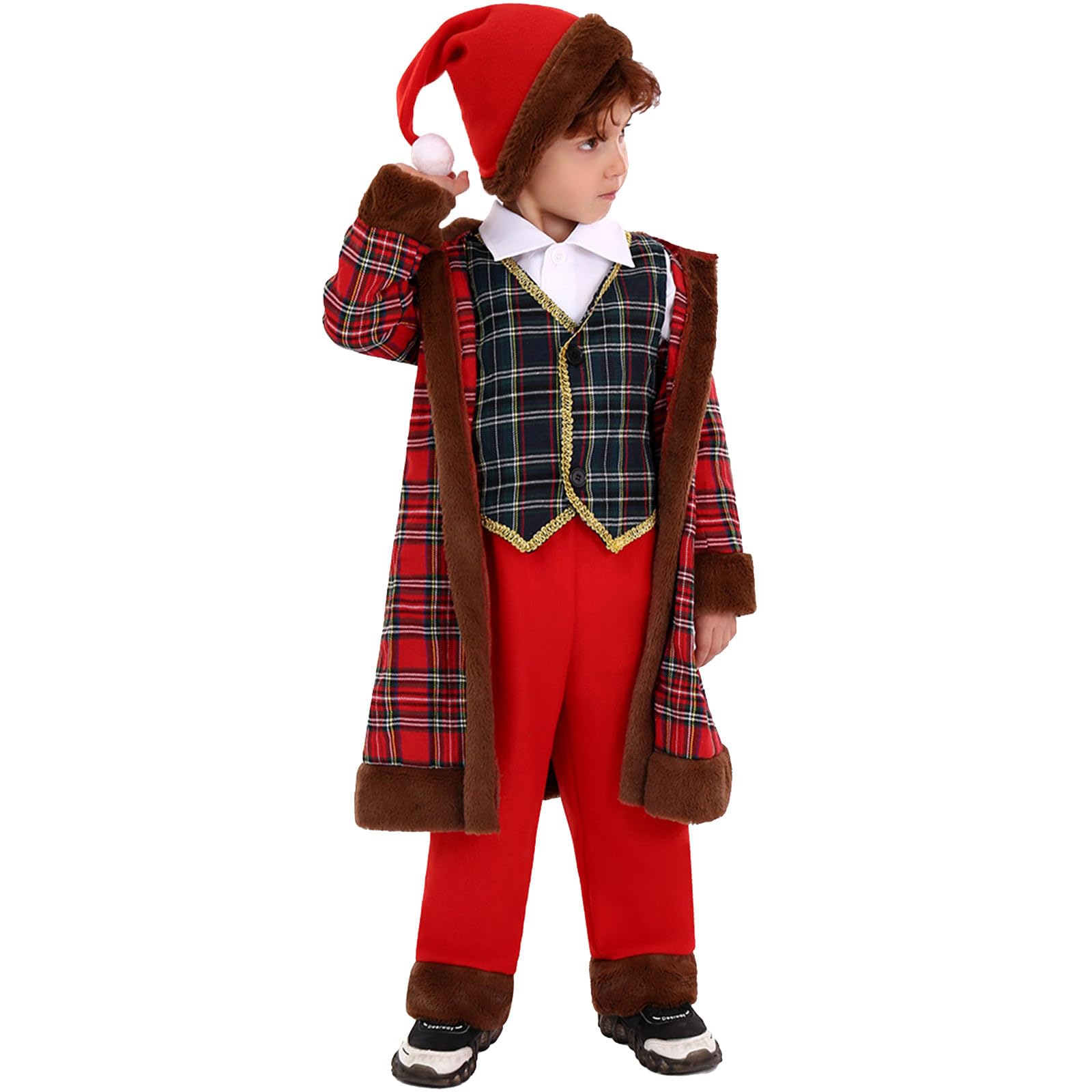 Weihnachtskostüm für Kleinkinder Cosplay Party Set mit Weste Mantel Hut – 4-teiliges Outfit festliches Karnevalsensemble bezauberndes Weihnachtsmann-Outfit für Feiertagsbekleidung Fotoshooting