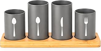Innoteck 4pc Kitchen Cutlery Holder Set - Modern Farmhouse Kitchen Décor - Natural Bamboo - Matt Grey Utensil Crock - Vintage Organizer - Tool Caddy - Countertop Storage