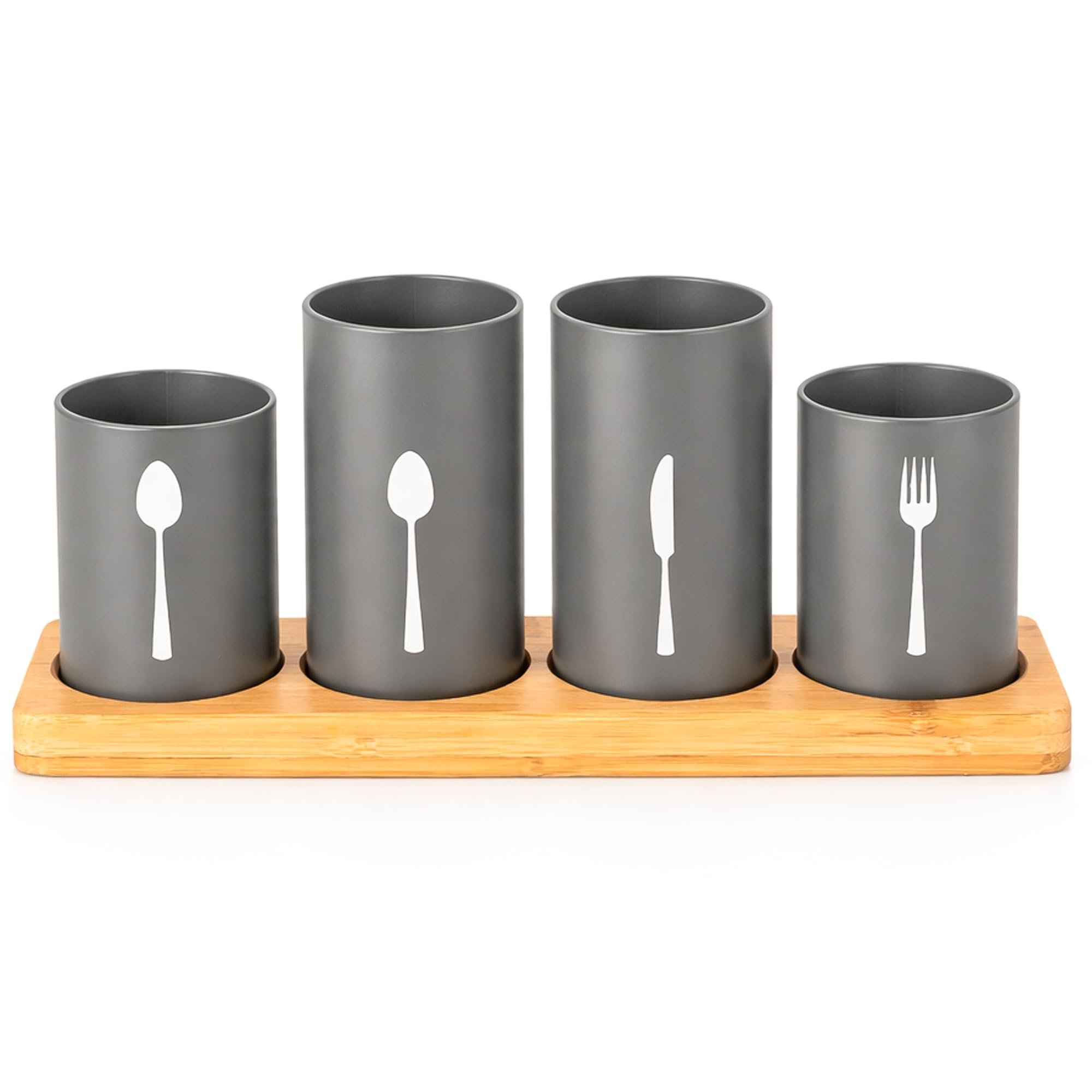 Innoteck 4pc Kitchen Cutlery Holder Set - Modern Farmhouse Kitchen Décor - Natural Bamboo - Matt Grey Utensil Crock - Vintage Organizer - Tool Caddy - Countertop Storage