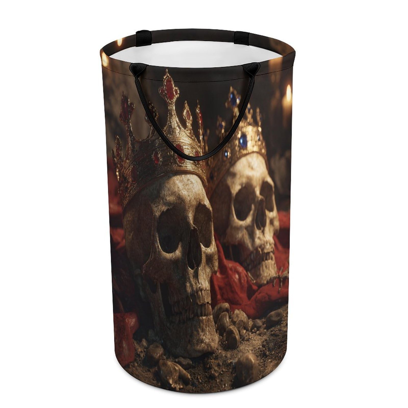LUYYSKY Elegant Realistic King Queen Crown Versatile Storage Laundry Basket, Classic Watercolor Skull Skeleton Couple Crystal Crown Large Bathroom Laundry Hamper With Handle-40 CM Dia, 69 CM High