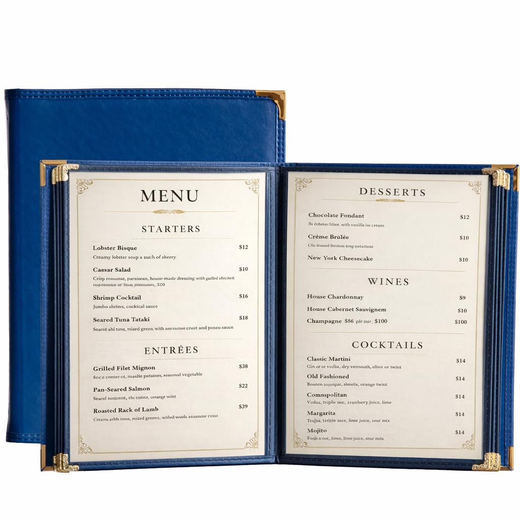 Restaurant Menu Covers 8.5×11 – 8 Page 16 View Menu Sleeve, Premium Navy Faux Leather, Waterproof Durable Menu Holder for Bar Cafe Hotel, 2 Pack