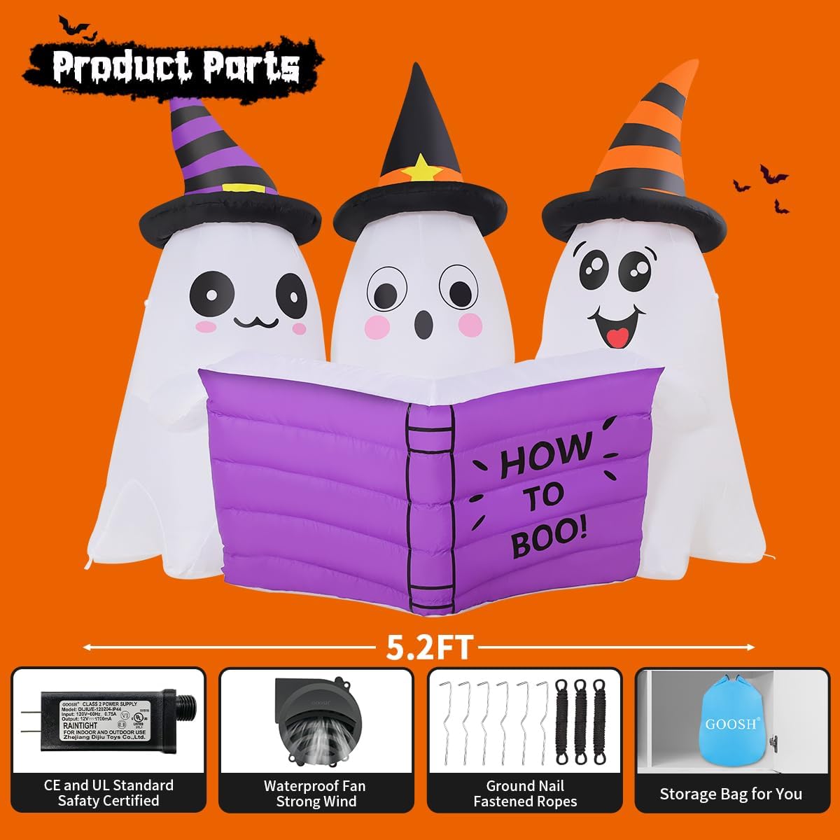 GOOSH 5.2FT Long Halloween Inflatables Ghost Outdoor Decoration Blow Up Yard Cute Ghosts Reading Book with Built-in LEDs for Indoor Party Garden Lawn Holiday Decor