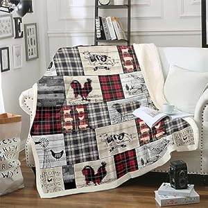 Rustic Farm Animal Fleece Bed Blanket Throw 50X60 Retro Buffalo Plaid Farmhouse Cabin Throw Blanket Country Sheep Chicken Cow Print Sherpa BlanketGrid Windmill Flannel Blanket Red Black Grey