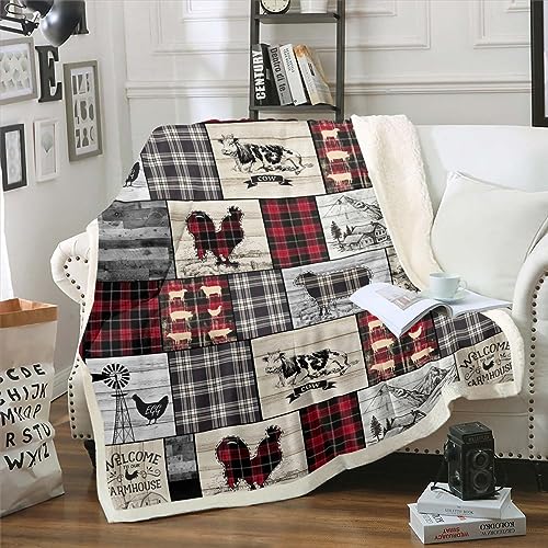 Rustic Farm Animal Fleece Bed Blanket Throw 50X60 Retro Buffalo Plaid Farmhouse Cabin Throw Blanket Country Sheep Chicken Cow Print Sherpa BlanketGrid Windmill Flannel Blanket Red Black Grey