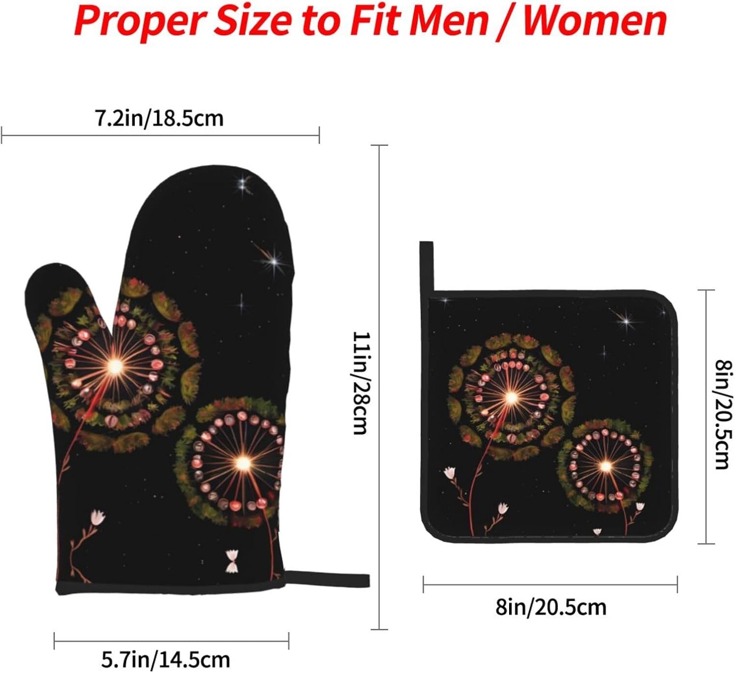 Starry Dandelion Oven gloves and heat-resistant mat 4-piece set. Suitable for grilling, microwave oven frying, and baking