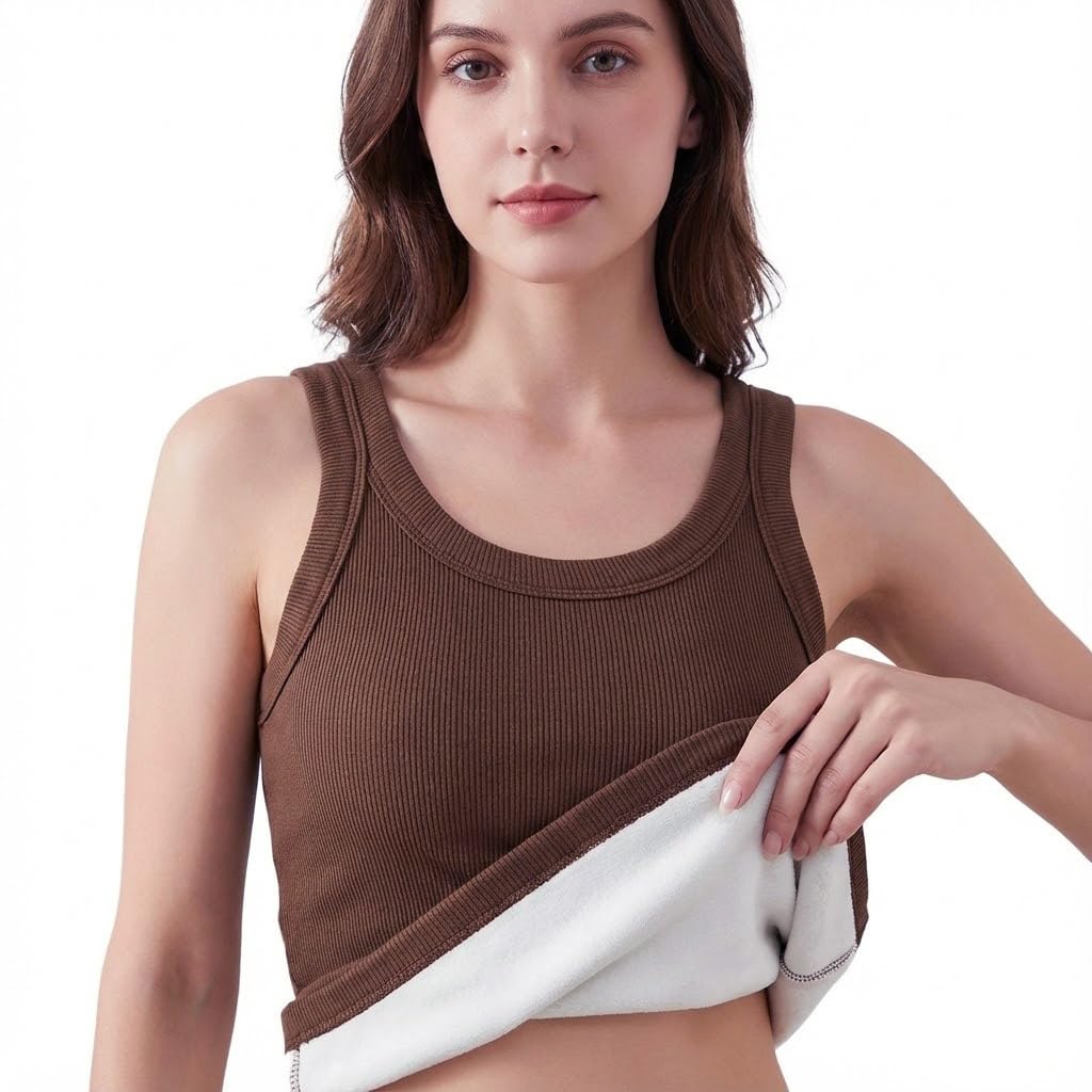 alexvyan X-Small Brown Sleeveless Thermal Tank Top Womens Fleece Lined Wide Strap Slips Underwear Tops Undershirt for Women Warm Base Layer Vest Scoop Neck- Soft & Warm-picture-53