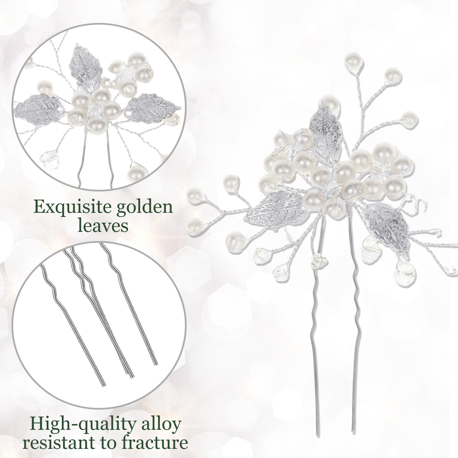 3PCS Silver Leaf Hair Pins U-Shaped Wedding Hair Accessories for Women and Girls, Bride Silver Hair Clips Leaf Headpiece for Bridesmaids, Prom, Party Updo Styling - Image 3