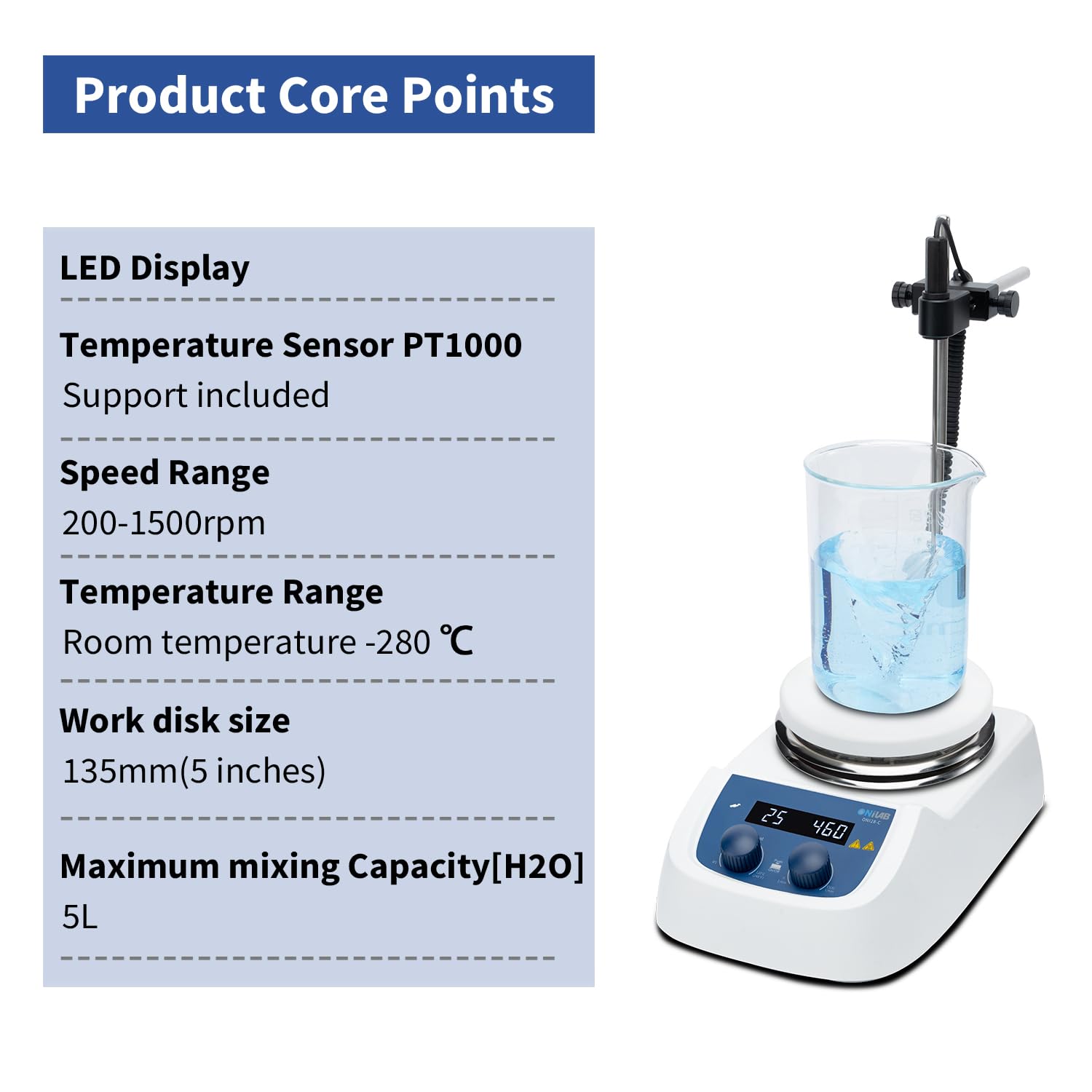 ONiLAB 280 ℃ - Miscelatore magnetico digitale a LED con piano di lavoro in acciaio inox rivestito in ceramica, 200-1500 giri/min, sensore sonda di temperatura, supporto e asta di miscelazione